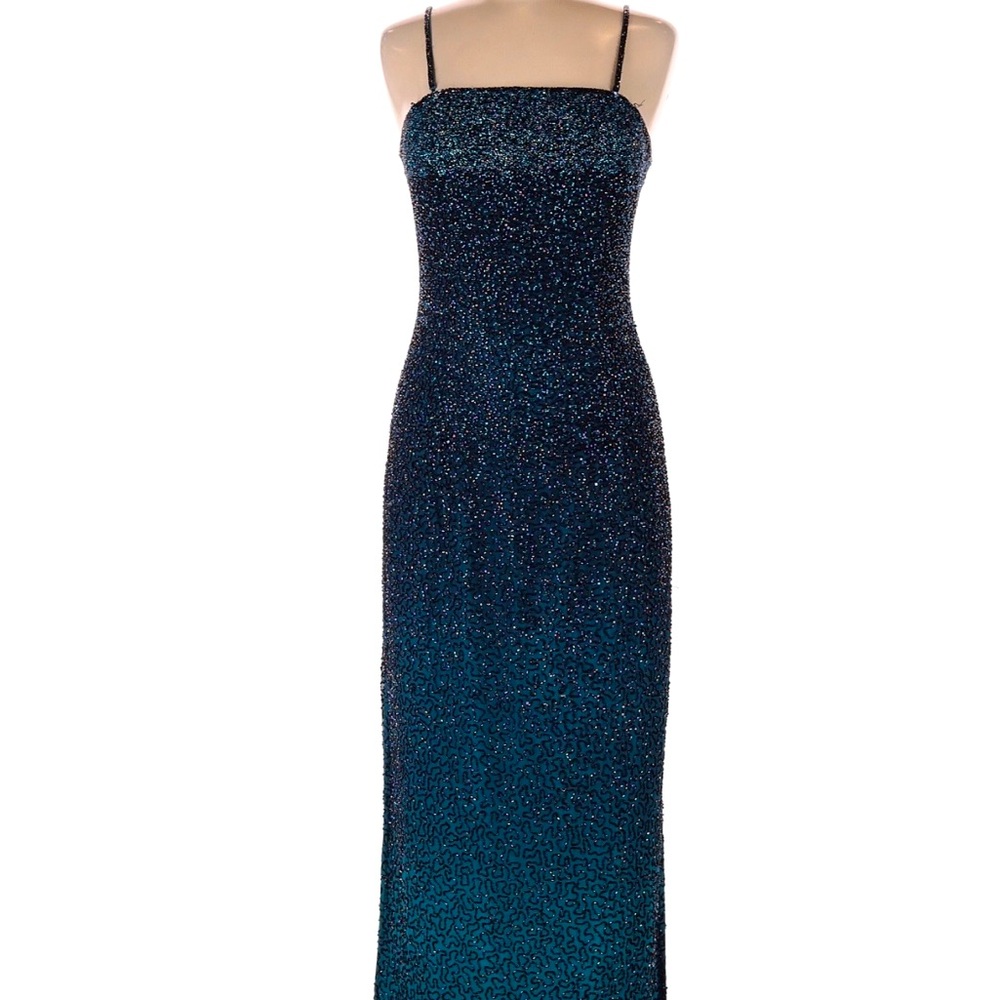 Vintage Y2K 90s/00s silk beaded prom dress w detachable spaghetti straps Size M